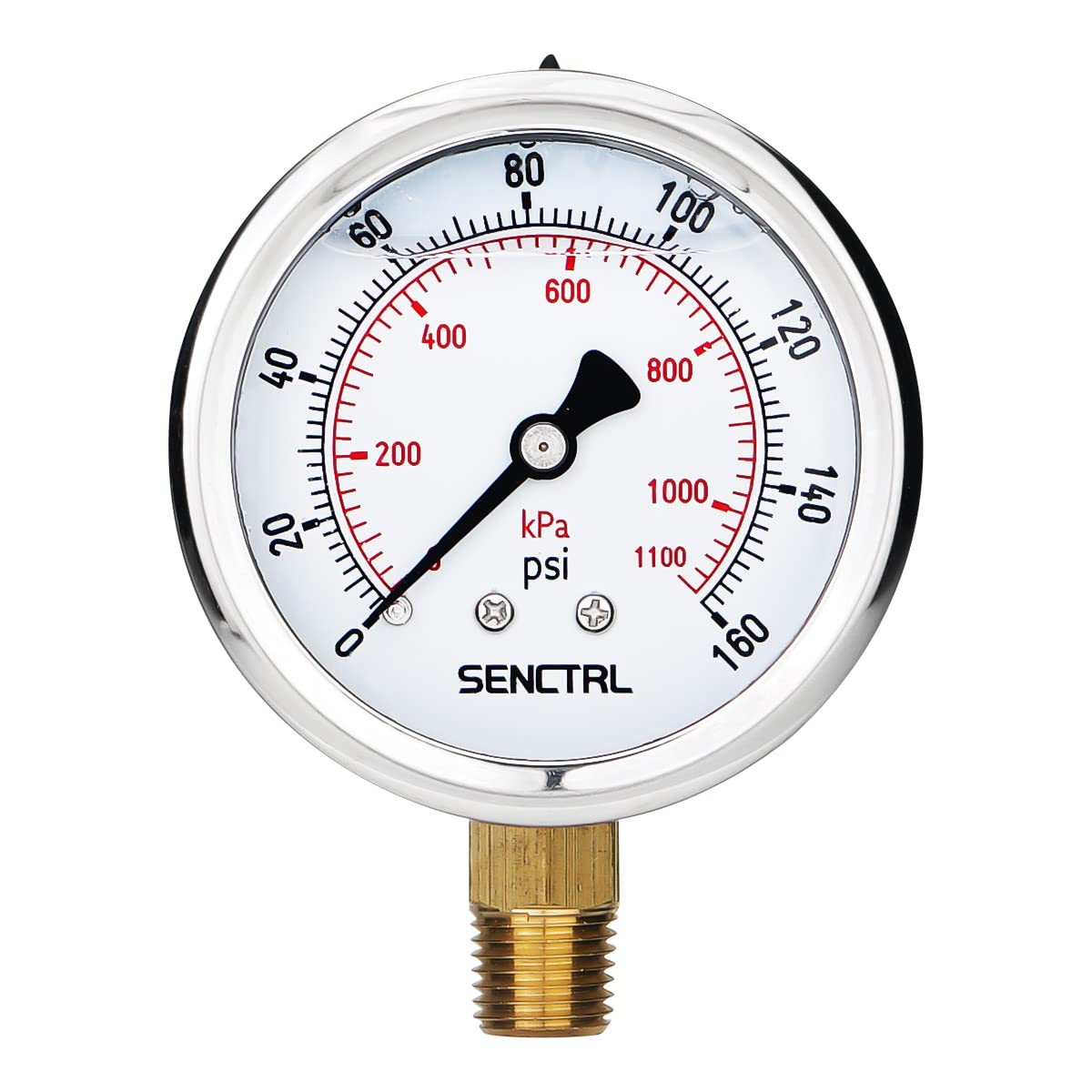SENCTRL 0-160 Psi Glycerin Liquid Filled Air Pressure Gauge, 2.5" Dial Size, 1/4" NPT Lower Mount, Stainless Steel Case, Water Pump, Tire, Large Air Compressor, Well Pump, RV Regulator Pressure Test
