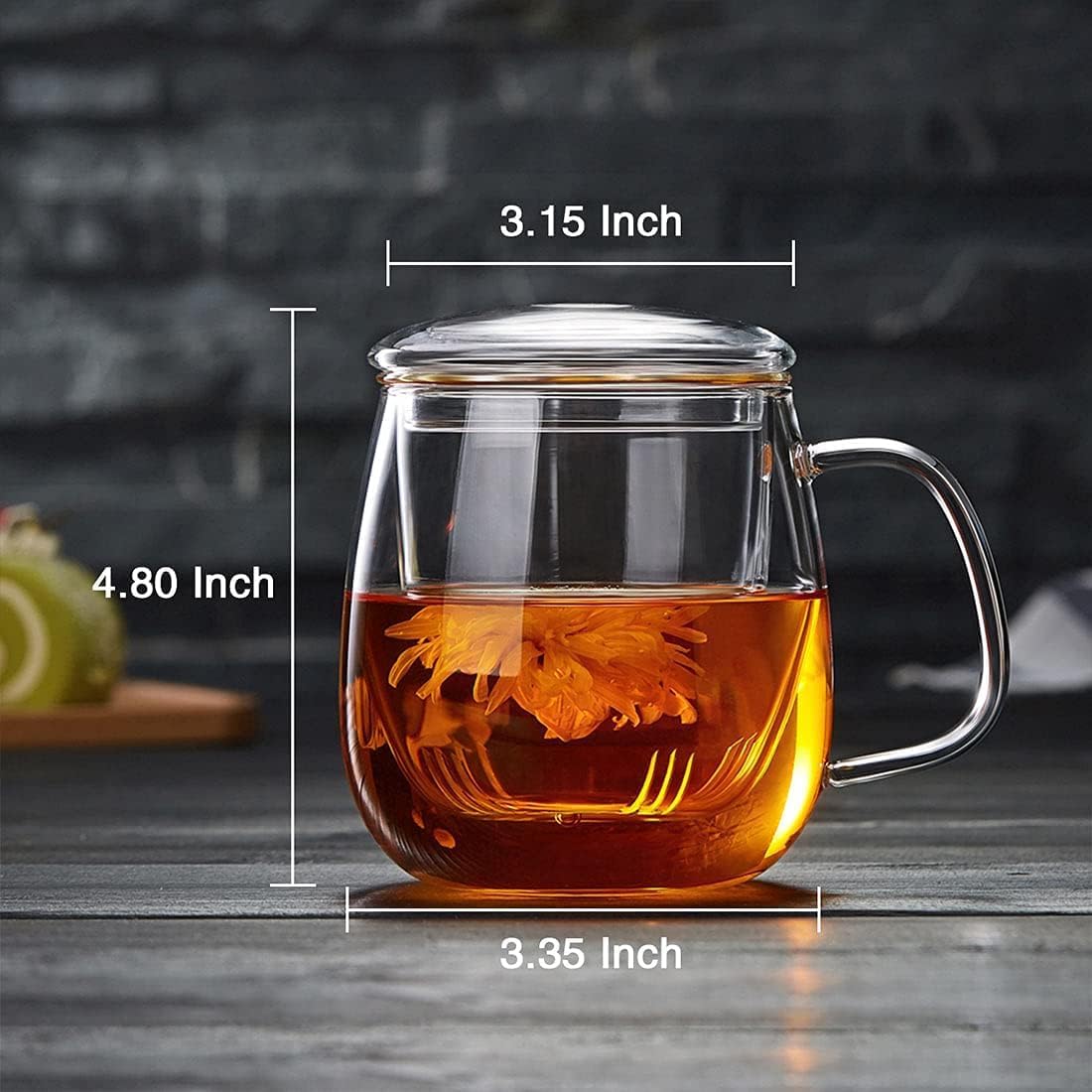 Glass Teacups 2 Pack Glass Tea Cup with Infuser and Lid, 17.6oz/520ml Large Borosilicate Teacup,Tea Clear Mug Cup for Loose Leaf Blooming Tea, Microwave & Dishwasher Safe