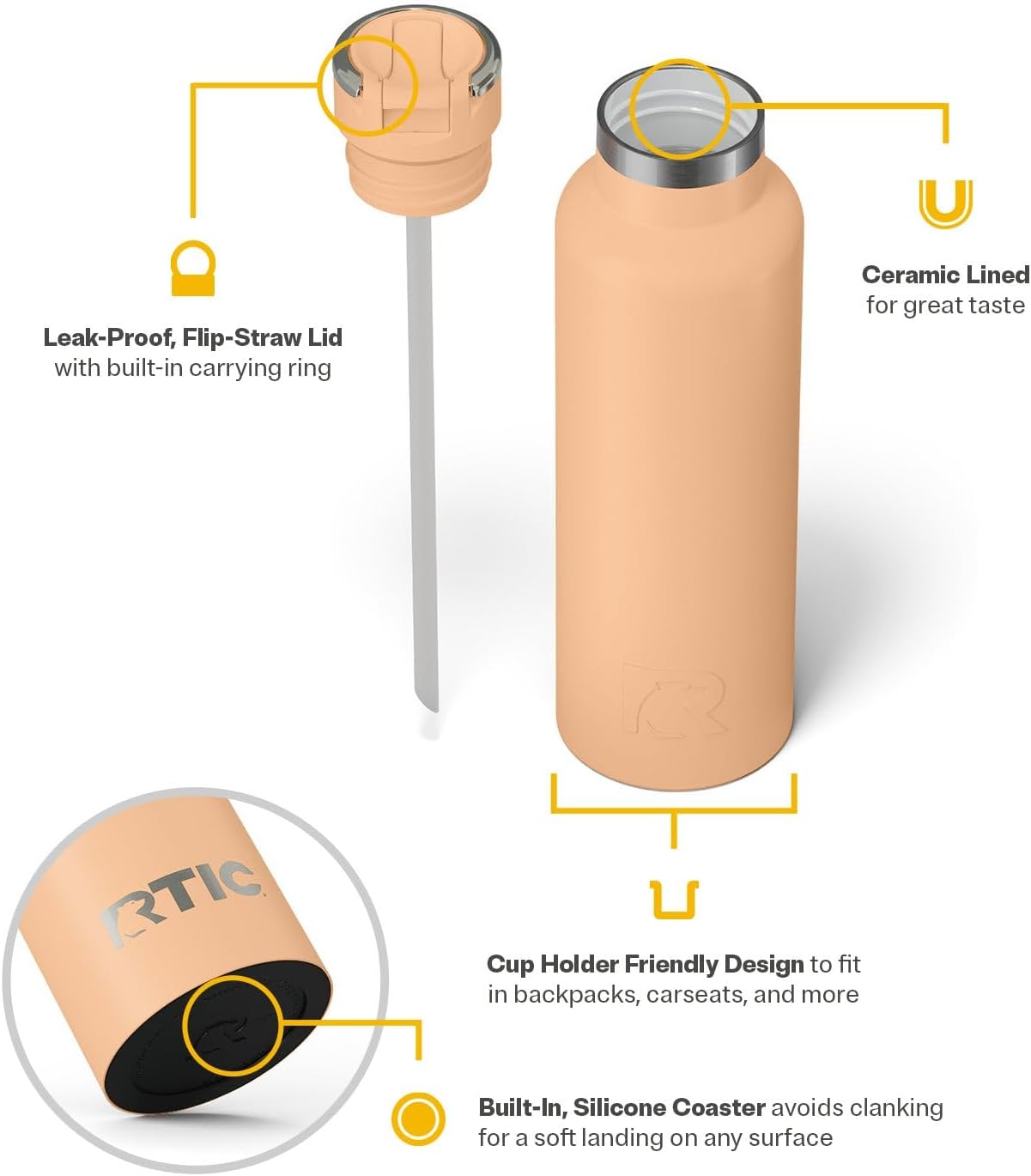RTIC 20oz Journey Bottle Metal Stainless Steel Vacuum Insulated, BPA Free, Reusable, for Water, Hot and Cold Drinks, Travel, Sports, Camping, Peach Tea