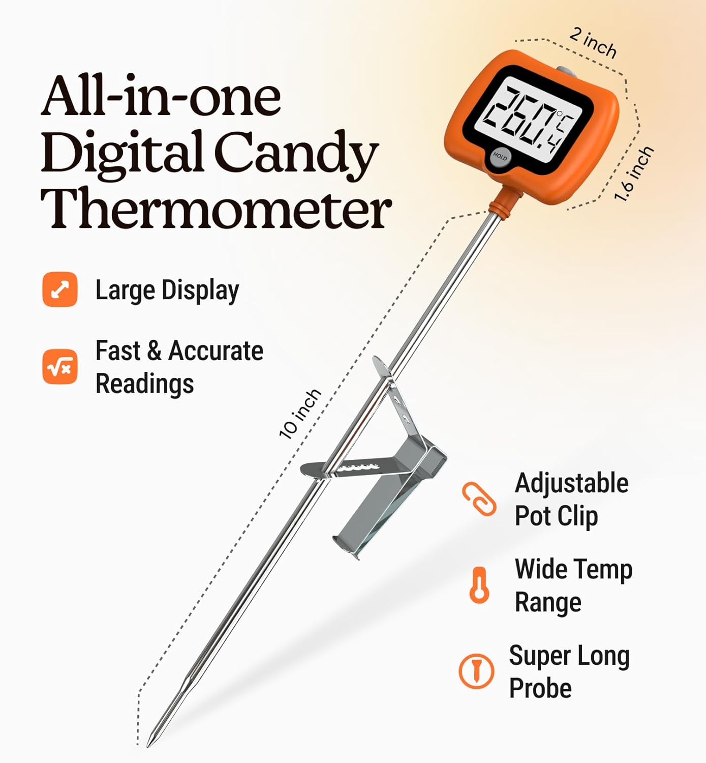 Digital Candy Thermometer with Pot Clip, 10" Long Stainless Steel Probe, Instant Read Kitchen Thermometer for Cooking, Baking, and Candy Making