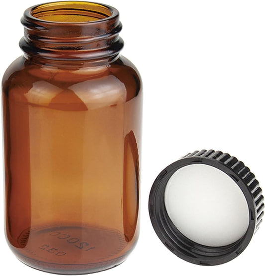 Wide Mouth Packer Bottle, Amber Glass, 120 ML (4 OZ) Capacity with 38-400 Black Polyethylene Screw Cap Lined PE Septa, Package of 24 Units