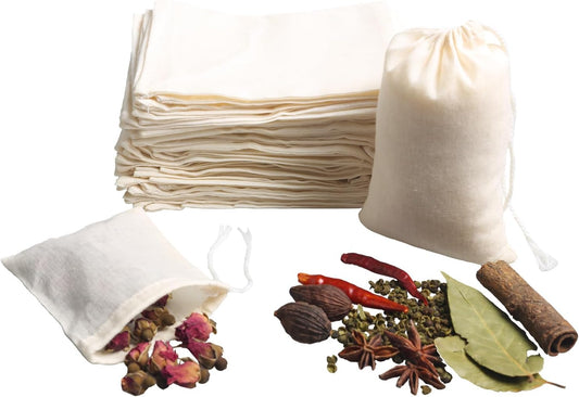 Eketirry Spice Bags, 10pcs Reusable Empty Tea Bags, Muslin Strainer Bags, Soup Bags for Cooking, Natural Cotton Fine Mesh Cheesecloth Bags for Cold Brew Coffee(2 x3" &3 x4")