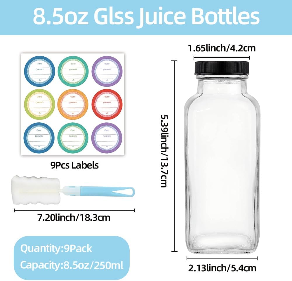 ZZT 9 Pack 8 oz Glass Juice Bottles, 250 ml Glass Reusable Water Bottles with Lids, Water Drinking Jars with Labels and Brush,Water Drinking Jars for Milk,Juicing,Beverage Glassware