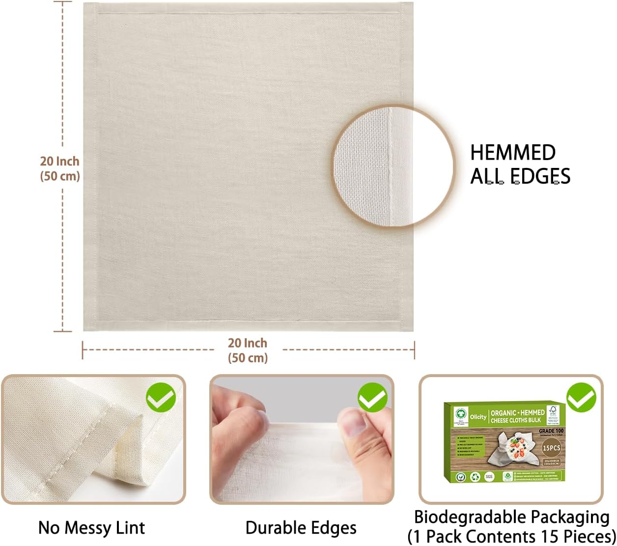 Organic Cheese Cloths, GOTS Certified, 15PCS, Grade 100, 20x20Inch Hemmed Cheese Cloth Fabric Reusable Fine Mesh Cloth, 100% Cotton Unbleached Muslin Cheesecloth for Straining, Cooking, Liquid, Tofu
