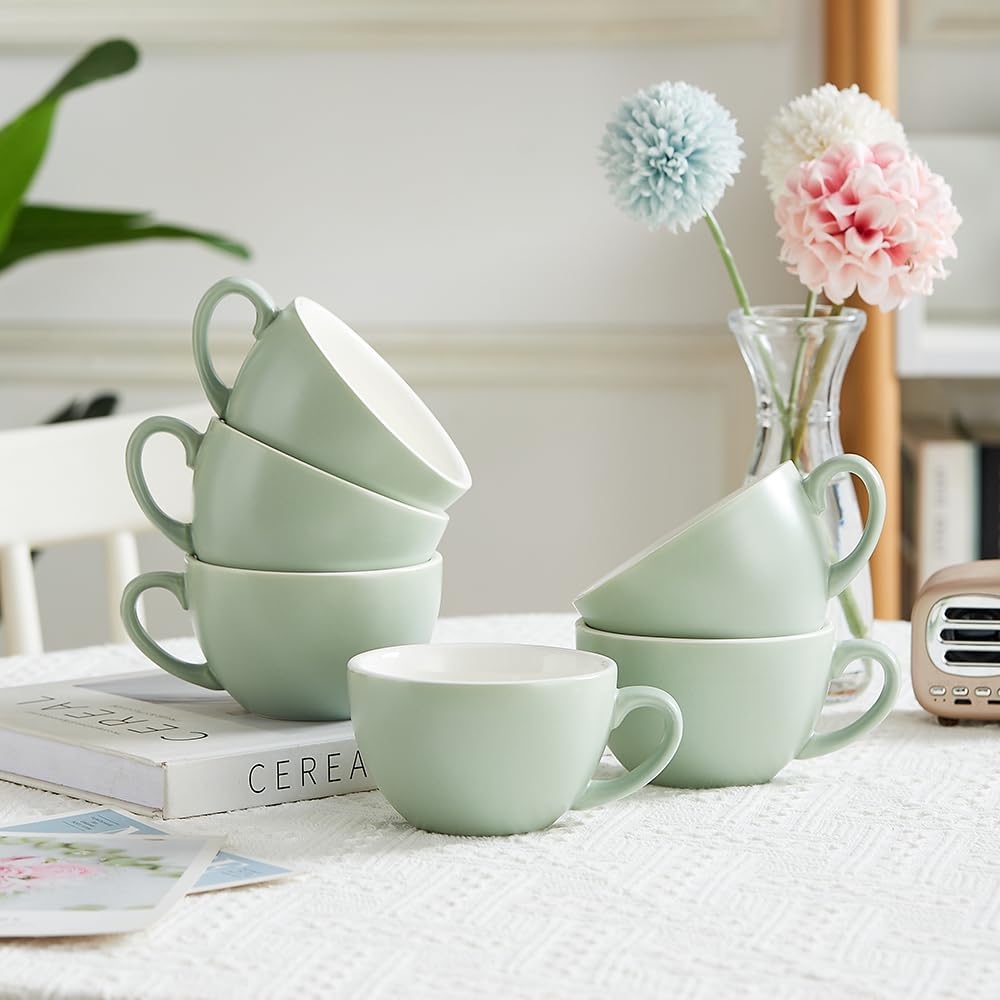 Set of 6 Matte Green 10 oz Professional Barista Ceramic Latte Art Cappuccino Cups Set (Matte Green * 6)