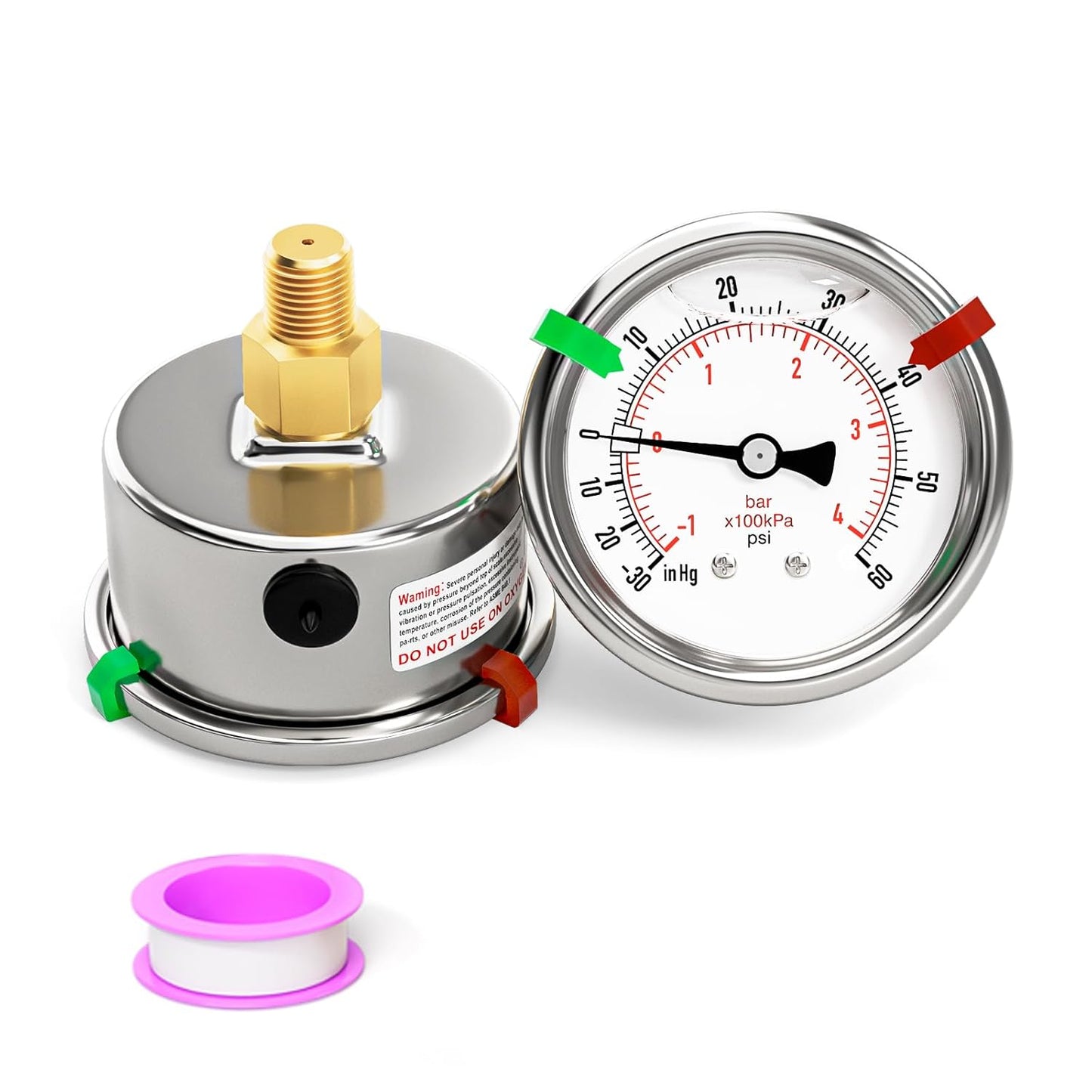 -30inHG-60PSI Stainless Steel Liquid Filled Pressure Gauge, 2.5" Dial Size, 1/8" NPT Back Mount, for Tube, Water Pump, Gas, Liquid, Pressure Test (with Range Mark Pointer)