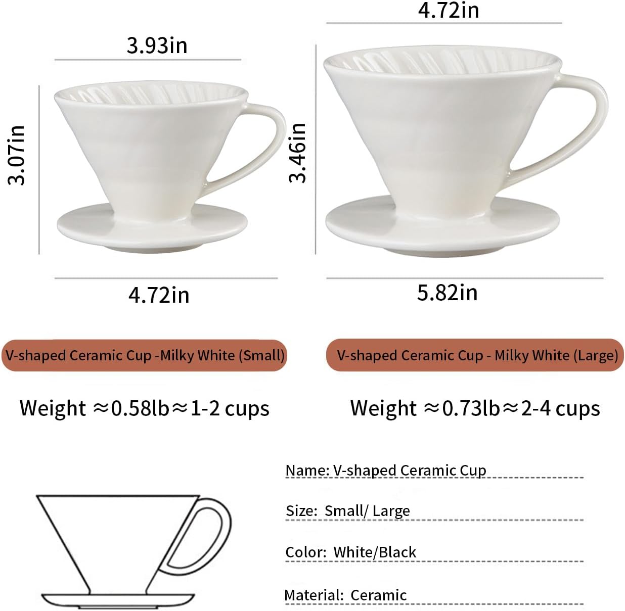 Pour Over Coffee Maker, Single Cup Coffee Dripper, Manual Porcelain Slow Brewing Accessories for Travel, Camping, Office, Home, Cafe, Coffee Gifts (White, Large,2-4Cups)