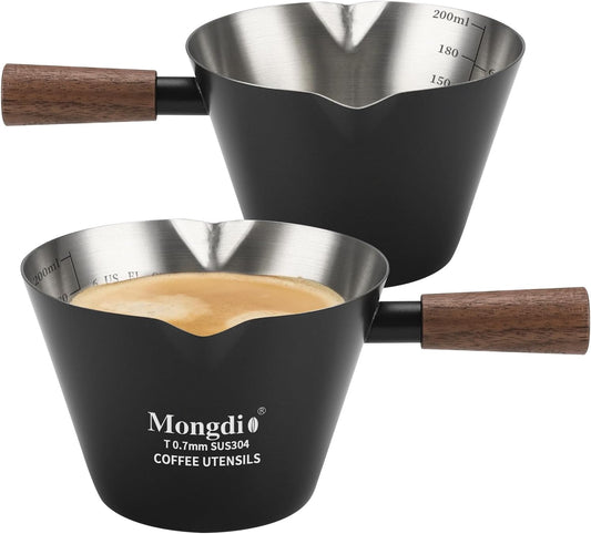 Mongdio 2 Pcs Espresso Measuring Cup, Stainless Steel Espresso Shot Cups with Wooden Handle and Double Spouts, 6.8OZ/200ML, Black
