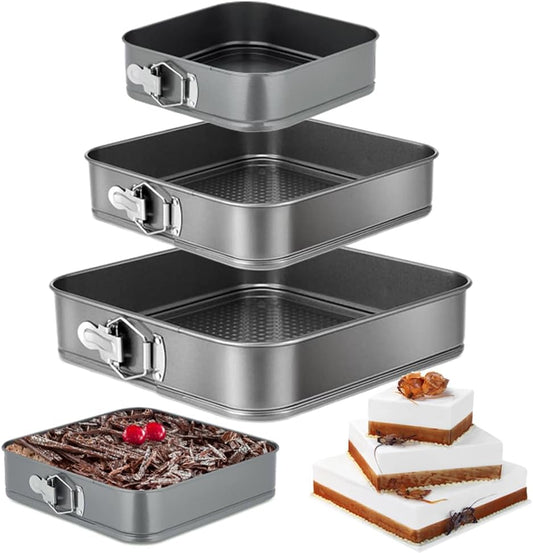 Springform Cake Pan Set of 3 (4, 7, 9 Inch) Square Leakproof Nonstick Cheesecake Pans with Removable Bottom Carbon Steel Bakeware