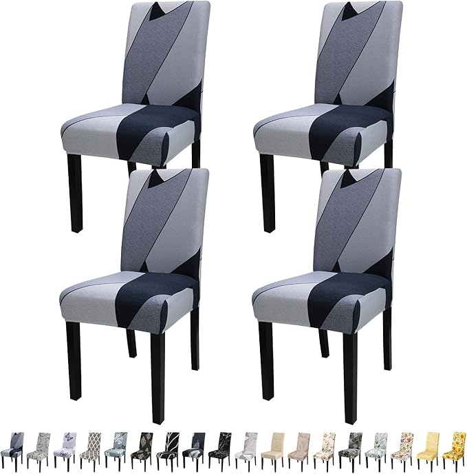 JQinHome Pattern Chair Covers for Dining Room Set of 4, High Stretch Removable Washable Parsons Chair Slipcover for Home Party Hotel Wedding Ceremony (White Grey,4PCS)