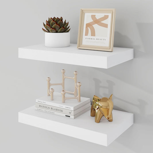 16 Inch Floating Shelves, 9.3" Deep Floating Shelf Wall Mounted, 16" Wall Shelves, Rustic Deep Bookshelf, Large Display Shelves & Storage Shelves for Bedroom, Living Room, White, Set of 2