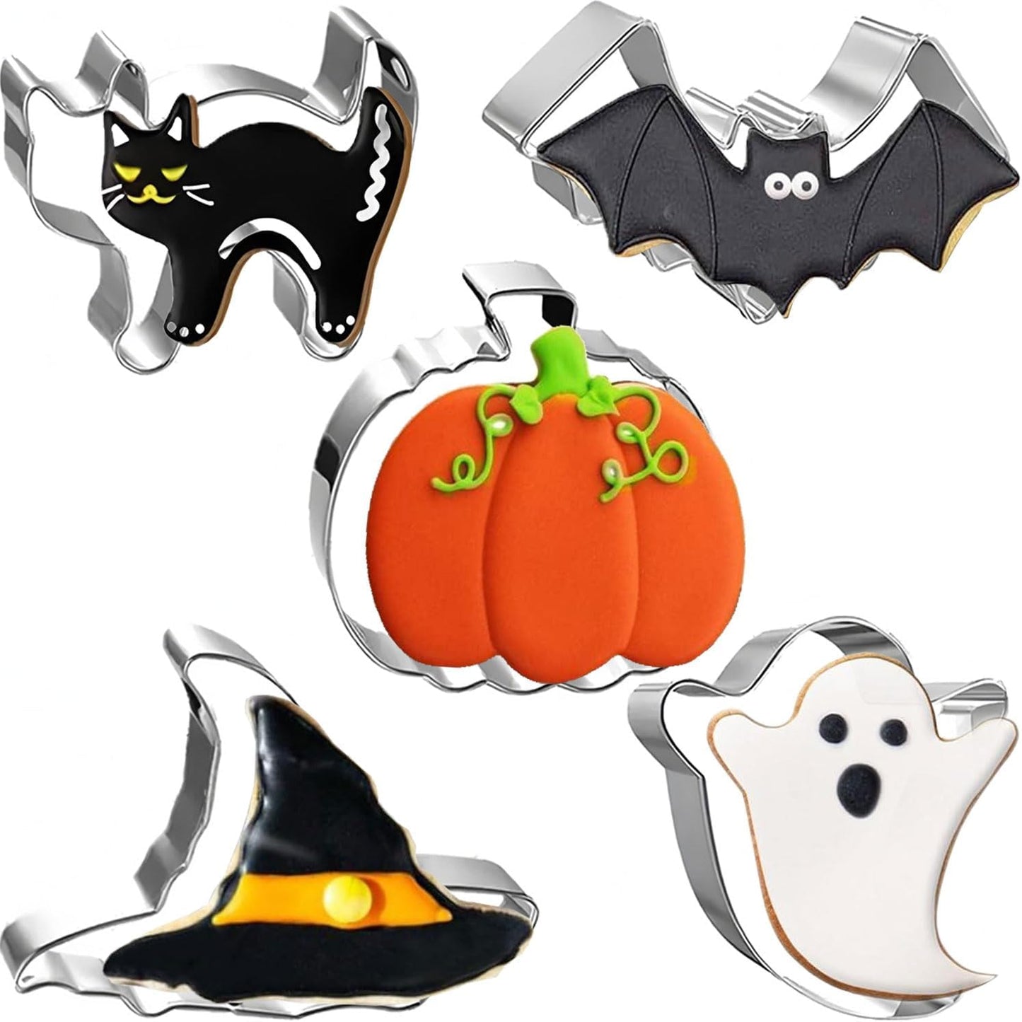 5-PIECE Halloween Cookie Cutters Set Stainless Steel cookie cutter molds Pumpkin, Bat, Ghost, Witch's Hat, Cat Cat Cookie Cutters Holiday Decorative Party Supplies