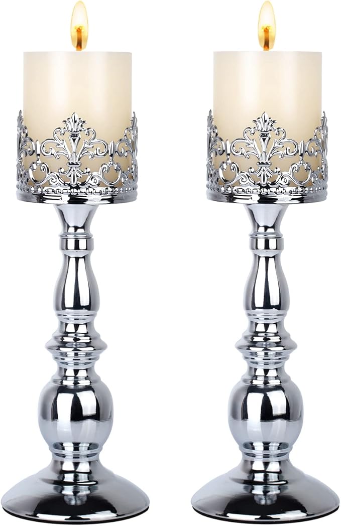 Candle Holders for Pillar Candles Gothic Matte Black Vintage Tall Candle Holders Set of 2 Decorative Large Table Centerpieces Candle Stand Decor (Silver 2PCS A)