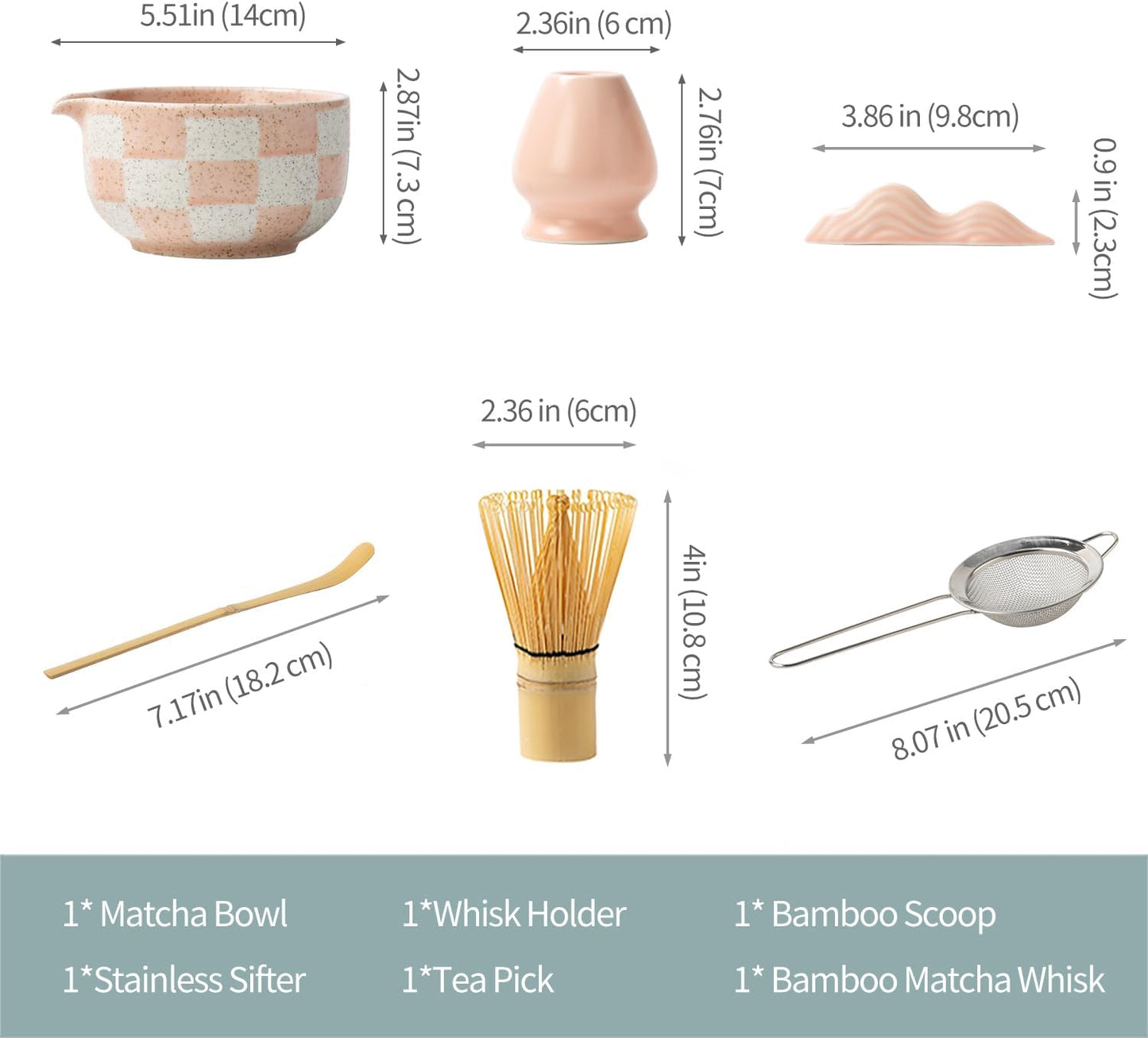 Premium 7-Piece Matcha Tea Set – Traditional Japanese Style with Elegant Grid Pattern, Includes Bamboo Whisk, Ceramic Bowl, Scoop & More – Perfect for Matcha Lovers & Tea Ceremony (Pink grid)