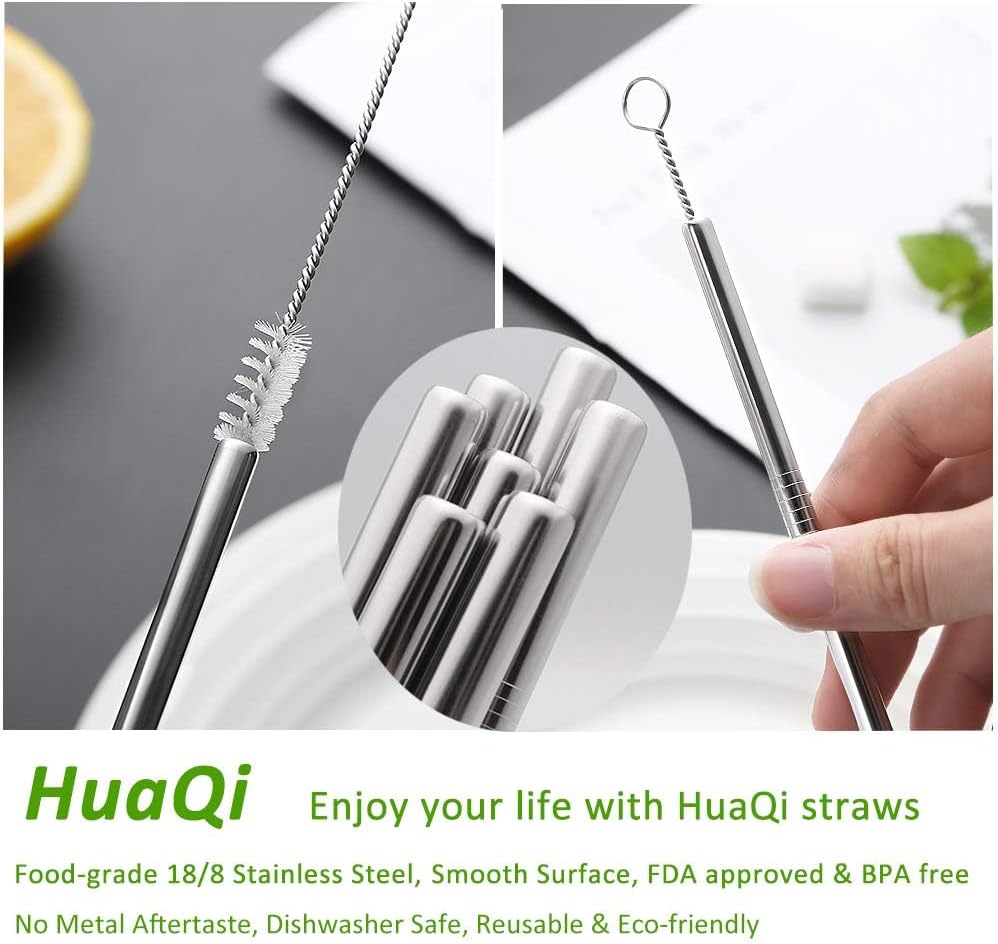 Set of 10 Stainless Steel Straws, HuaQi Bent Reusable Drinking Straws 10.5'' Long 0.24‘’ Dia for 30 oz Tumbler and 20 oz Tumbler, 2 Cleaning Brush Included