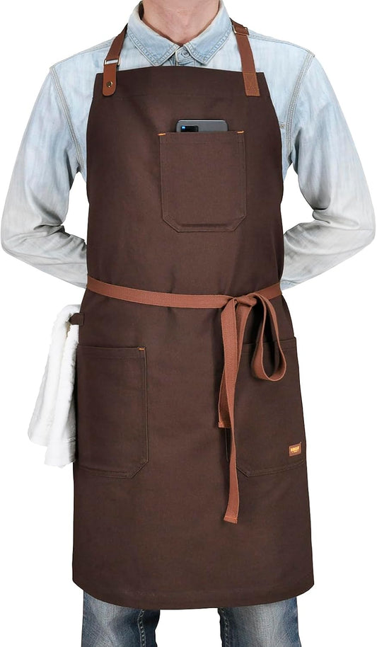 Chef Bib Apron with Pockets Professional Kitchen Cooking Grill BBQ Apron for Men Women, with Pockets Towel Loop and Adjustable Neck Strap (Brown)