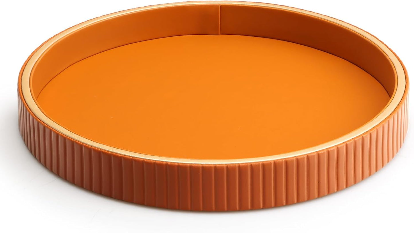 SANZIE Leather Tray Desktop Storage Organizer - Premium Serving & Decorative Tray for Sundries, Cosmetics, Phone, Wallet & Cutlery - Circle, Orange