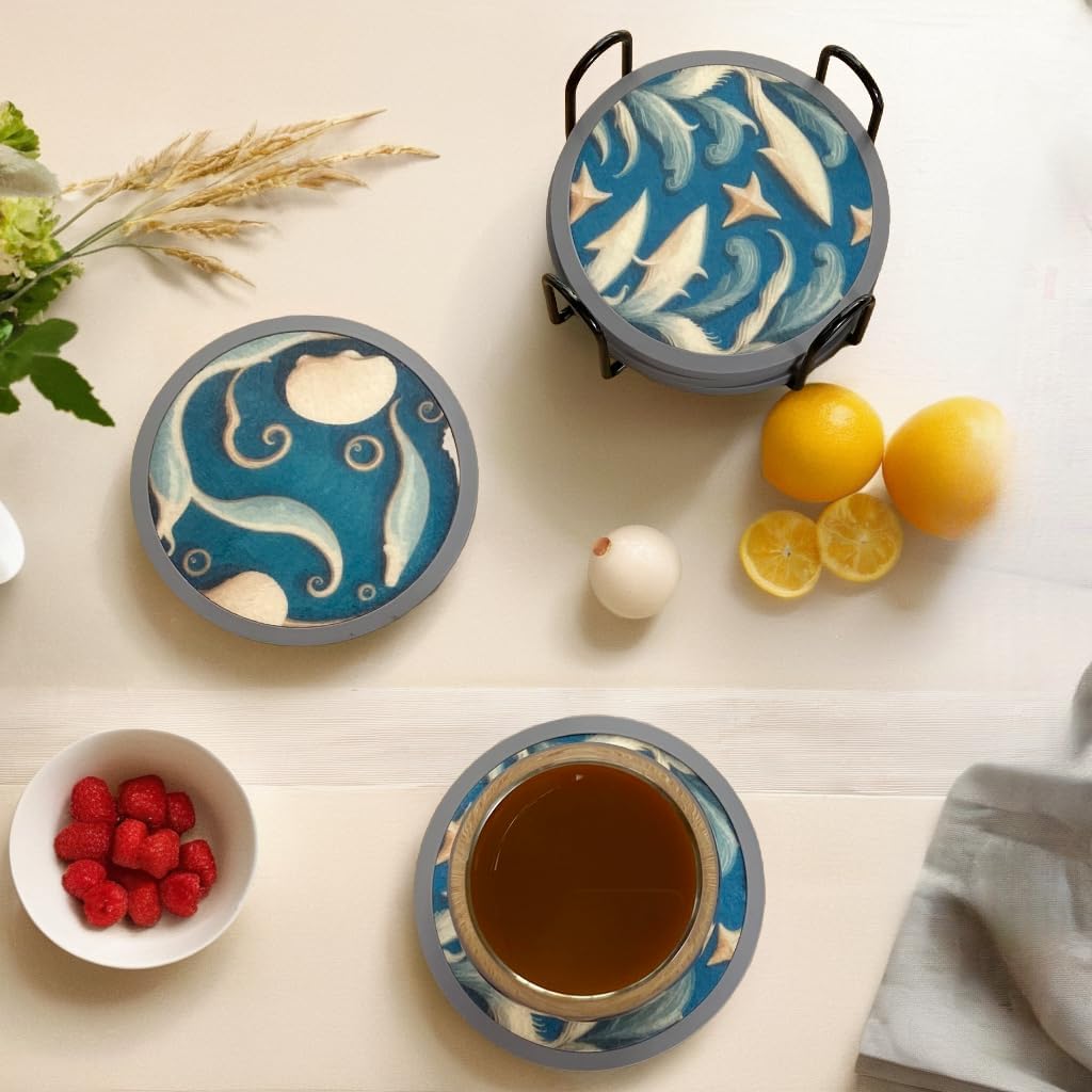 Absorbent Coasters for Drinks with Holder - 6packs, Silicone Coastes with Soft Felt Insert (4.3 inch Coasters with 4.5 inch Holder, Dual-Sided Ocean -Themed Patterns)