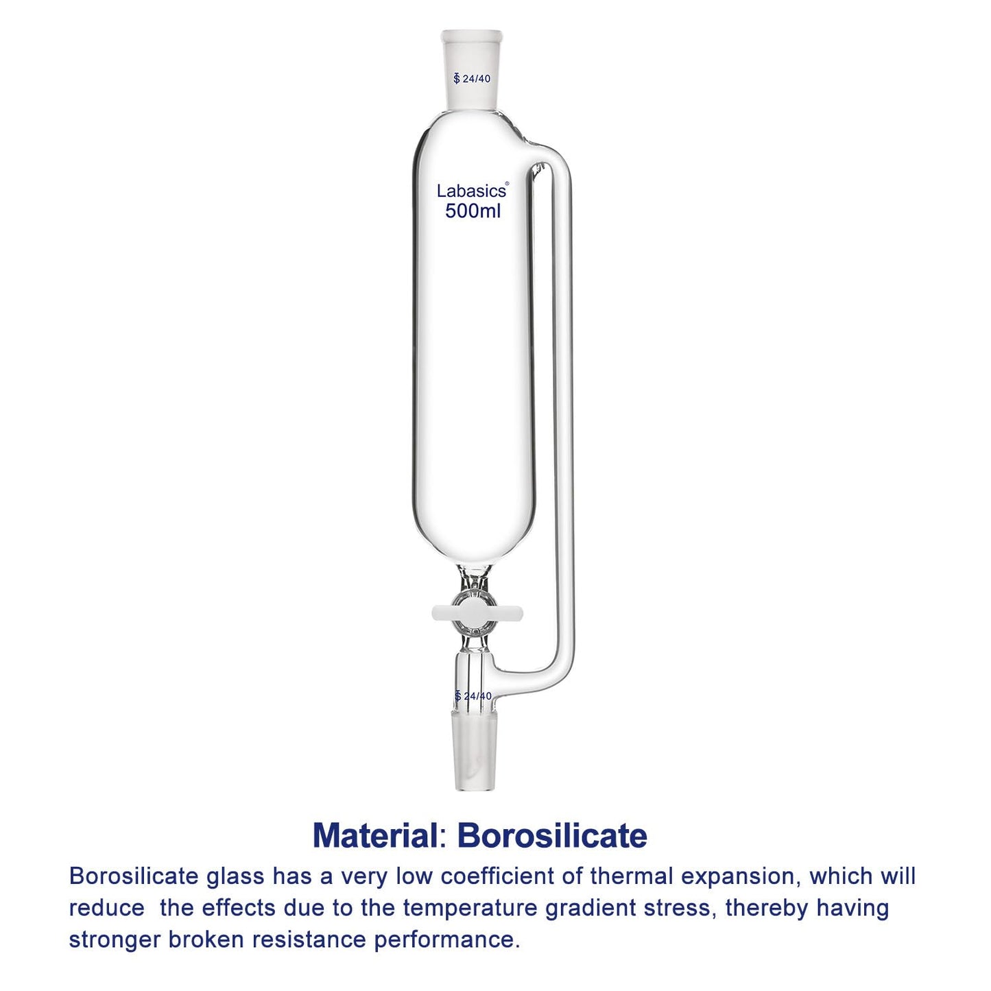 Labasics 500 ml Pressure Equalizing Addition Funnel, Borosilicate Glass Dropping Funnel 24/40 Joint with PTFE Stopcock for Laboratory