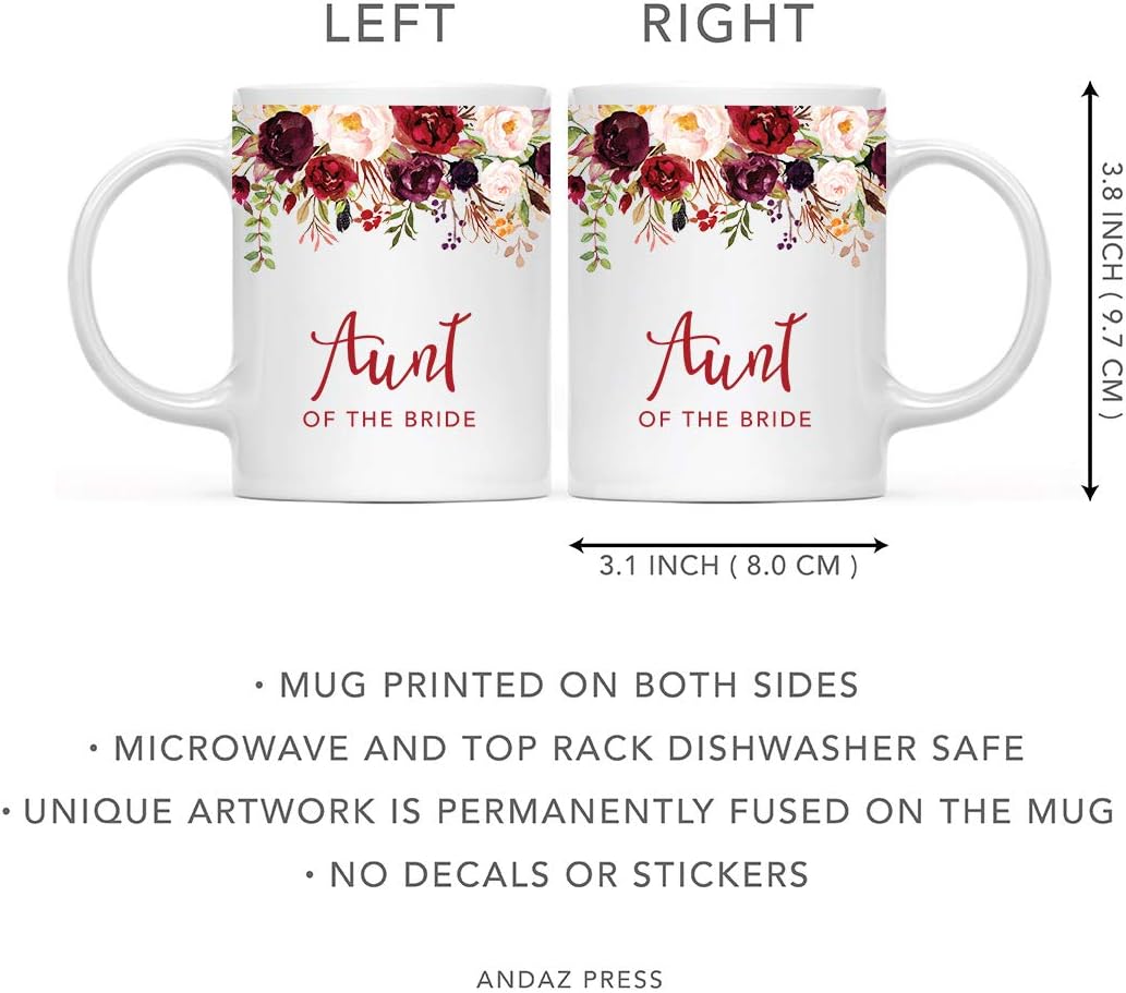 Andaz Press 11oz. Wedding Ceramic Coffee Tea Mug Gift, Fall Autumn Marsala Burgundy Flowers Roses Florals, Aunt of the Bride, 1-Pack, Includes Gift Box