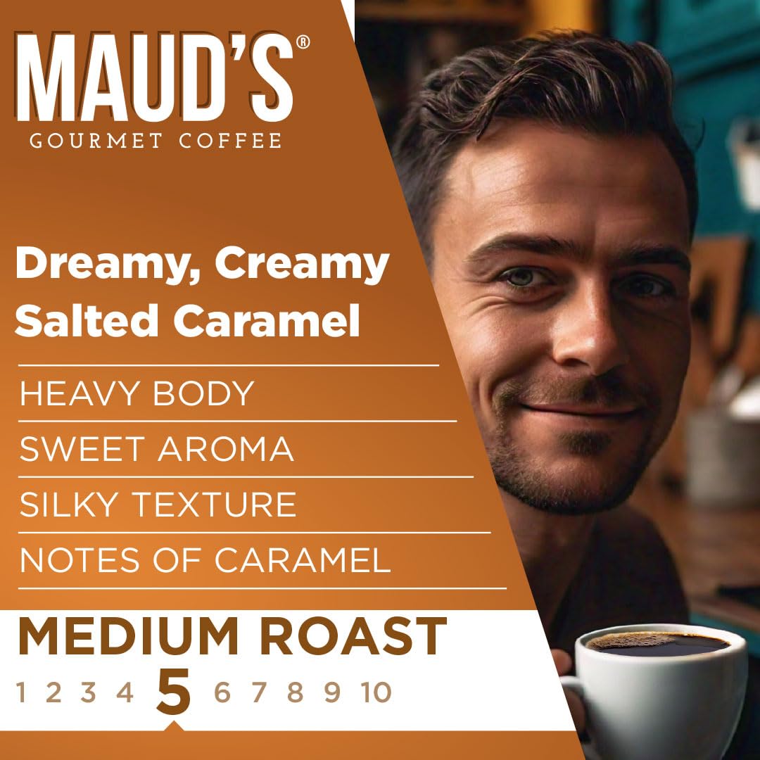 Maud's Salted Caramel Flavored Coffee Pods, 18 ct, Medium Roast Flavored Coffee in Recyclable Single Serve Pods – 100% Arabica Beans, Compatible with Keurig K Cups Maker