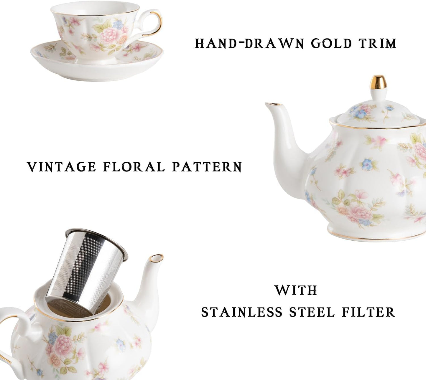 Sweejar Ceramic Teapot with Infuser, Floral Relief Gold Rimmed Teapot, 29 OZ Porcelain Tea Pot for Blooming and Loose Tea, Coffee...(Small Flower)