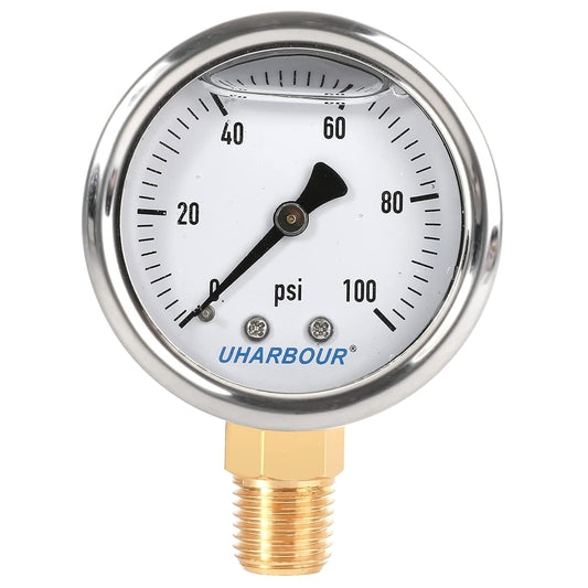 Liquid Filled Fuel Pressure Gauge with 2" Dial and 304 Stainless Steel case, 0-100Psi, 2% Accuracy, 1/4" NPT Center Lower Mount