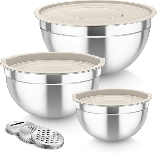 TeamFar Mixing Bowls, Stainless Steel Nesting Salad Bowls with Lids Set of 3 & 3 Grater Attachments, For Mixing/Serving/Storing, Non-toxic & Long-lasting, Size 4.6/3 / 1.5 QT, Khaki