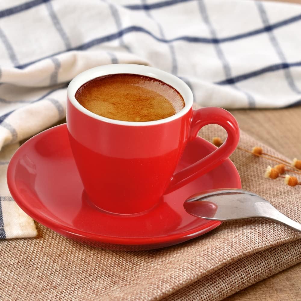 Porcelain Espresso Cup with Saucer And Stainless Steel mini Spoons, Espresso shot Cup, 80ml/2.7Oz, Pack of 2, Red