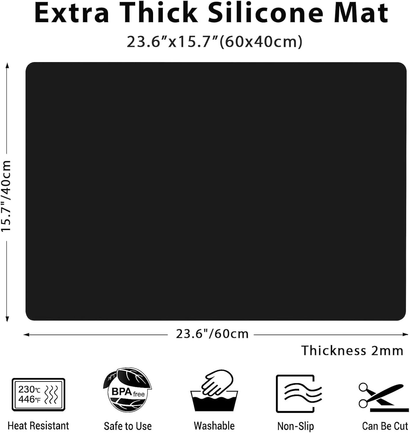 2MM Extra Thick Silicone Mats for Kitchen Counter, 23.6" x15.7" Non-Slip Waterproof Large Countertop Protector Mat, Heat Resistant Mat, Washable Silicone Craft Mat, Placemat, Baking Mat, Black