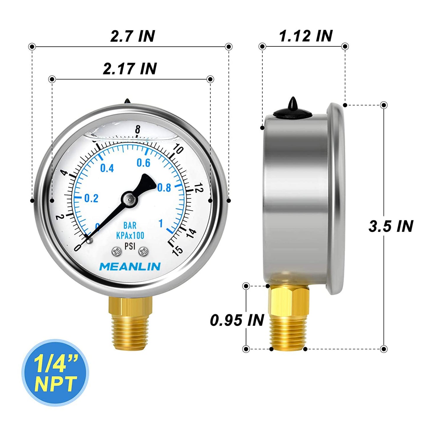 MEANLIN MEASURE 0~15Psi Stainless Steel 1/4" NPT 2.5" FACE DIAL Liquid Filled Pressure Gauge WOG Water Oil Lower Mount, with 1/4" x 1/2" NPT and 1/4" x 3/8" NPT Hex Bushing