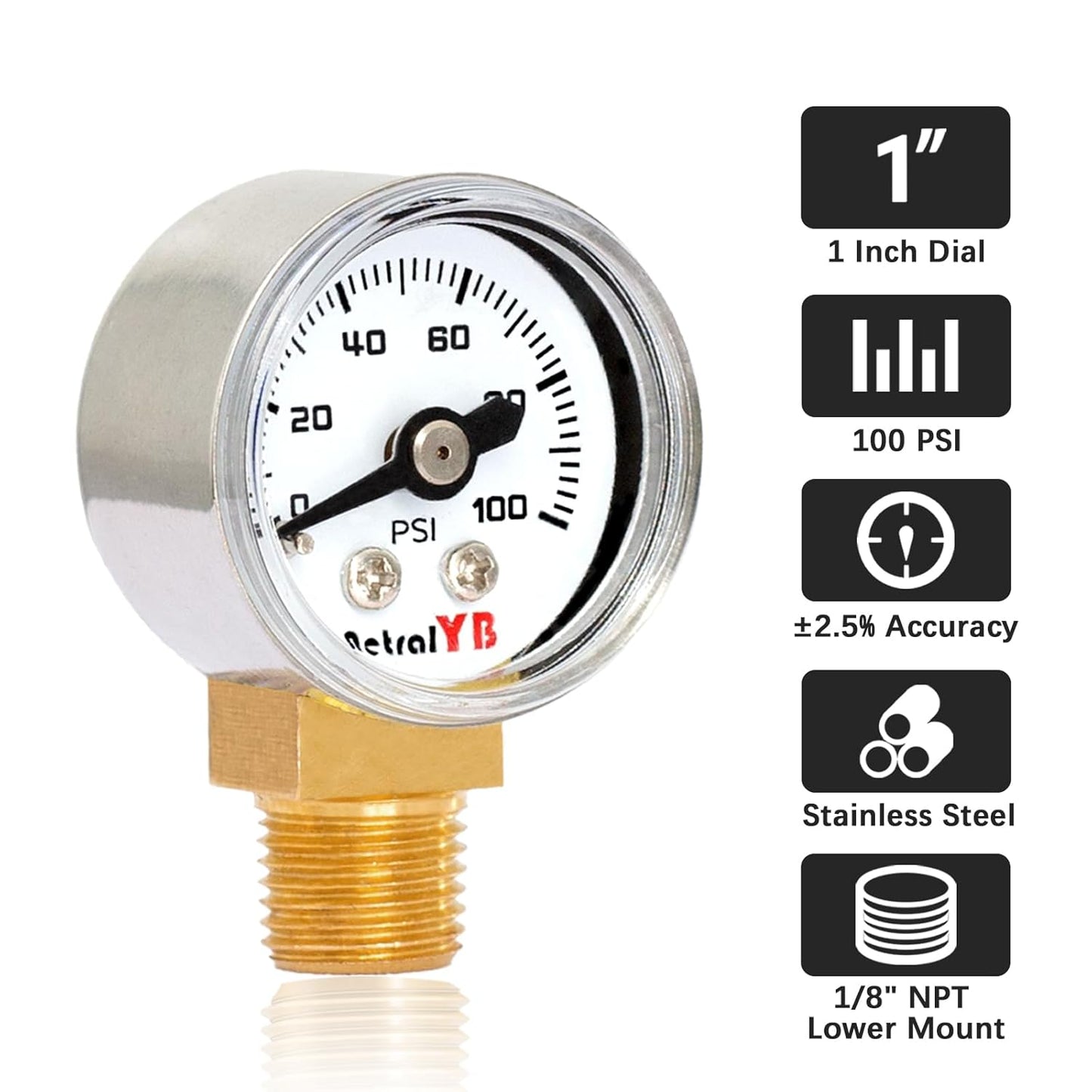 1 Inch Mini Pressure Gauge, 0-100 PSI Gauge, 1/8” NPT Lower Mount, Stainless Steel Case, Brass Internal, ±2.5% Accuracy, Pressure Gauge for Coffee Machines, Air Compressors, and Water Pumps