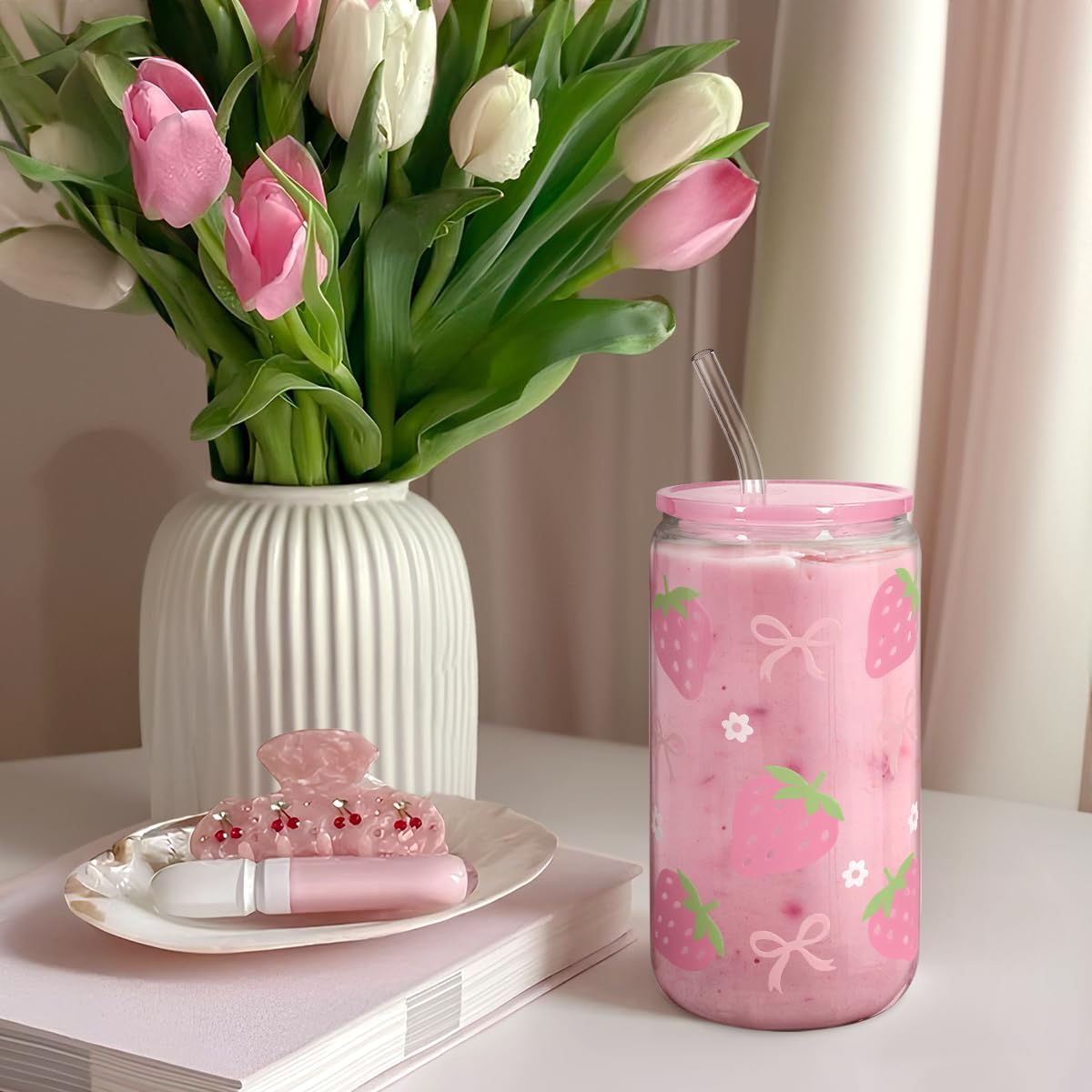 Strawberry 16 Oz Can Glass Tumbler with Acrylic Lid and Straw - Iced Coffee Cups for Women, Aesthetic Glass Cup Gift for Birthday Christmas