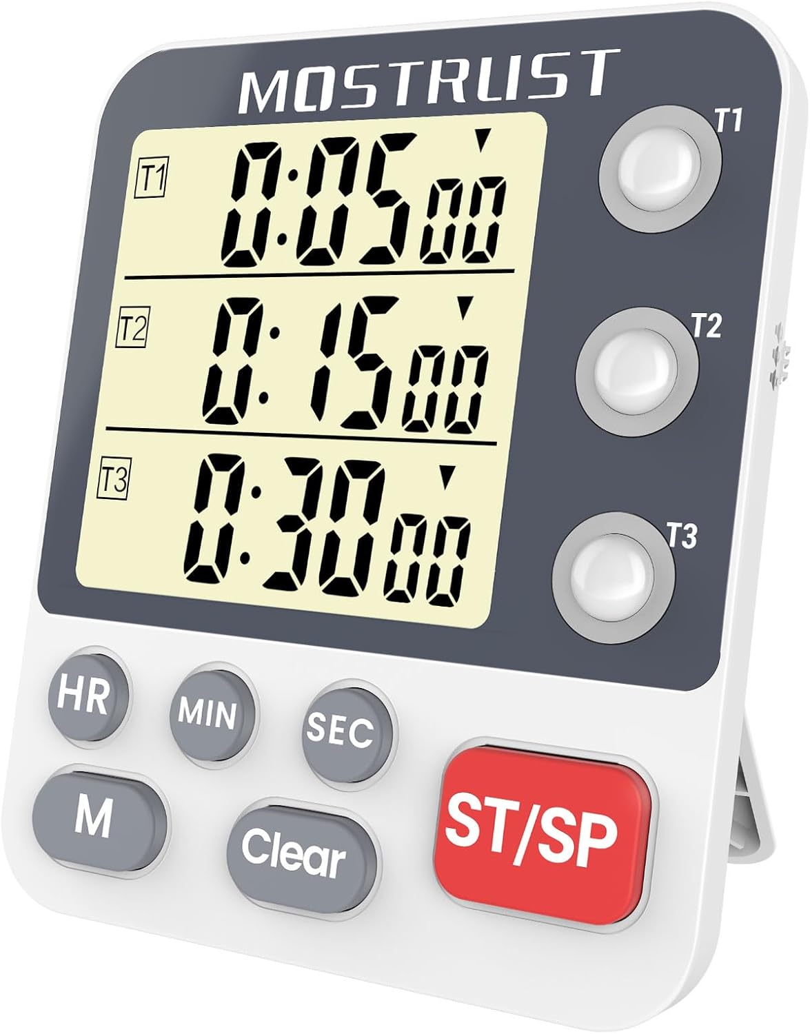 Digital Dual Kitchen Timer, 3 Channels Countdown Triple Timer for Cooking, Magnetic Memory-Preset Large Display Adjustable Alarm Volume, Multi Times Management, 3A Battery Included, White