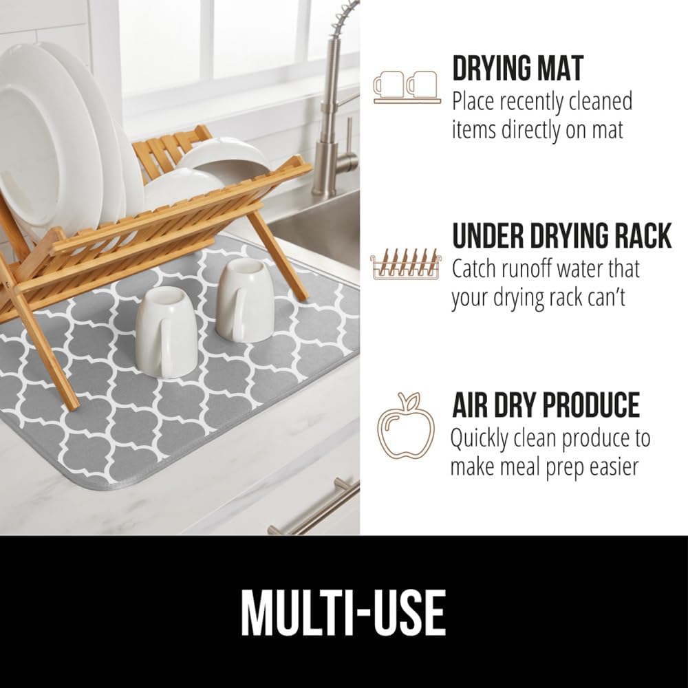 GORILLA GRIP Ultra Water Absorbent Microfiber Dish Drying Mat, Quick Dry Mesh, Slip Resistant Pad for Sink Dishes or Under Rack, Kitchen Counter Accessories, 16x18, Machine Wash, 2 Pack Quatrefoil