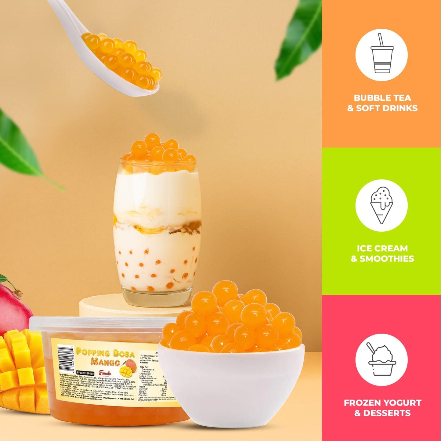 Fanale Popping Boba Pearls for Bubble Tea - 2 lb (1 lb X 2) | Mango | Bursting Boba Pearls Bubble 450g X 2 | Real Fruit Juice for Shakes, Dessert, Smoothie | FPB002-SP450 X 2