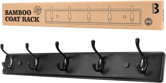 Wooden Coat Rack, Wall-Mounted Organizer for Closet, Entryway, Hallway, Foyer, Bedroom, Heavy Duty Double Hooks for Hanging Towels, Bags, Hats, Jackets, Key (Black, 5 Hooks)
