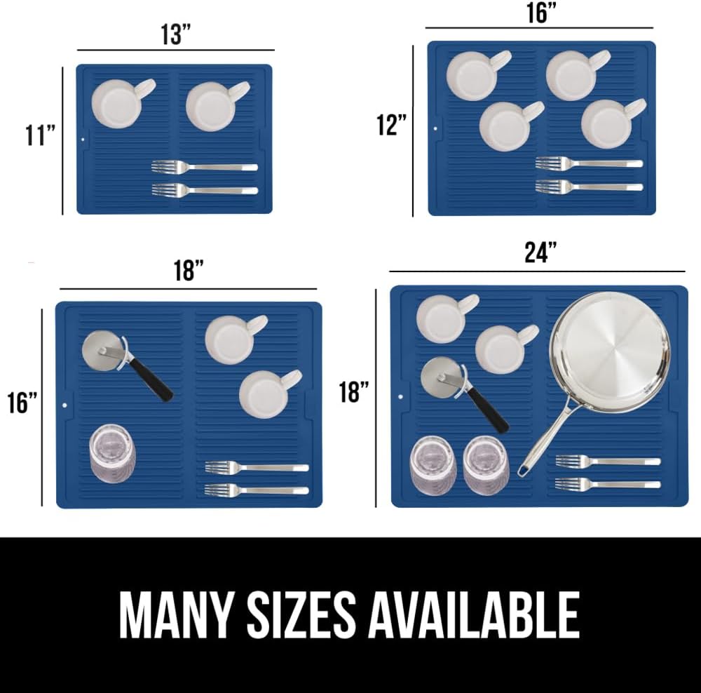 GORILLA GRIP 100% BPA-Free Patented Silicone Dish Drying Mat for Kitchen Counter, 18x16 Inch, Water Catching Ribbed Design, Easy Clean Waterproof Sink Liner, Heat Resistant, Fits Under Rack, Blue