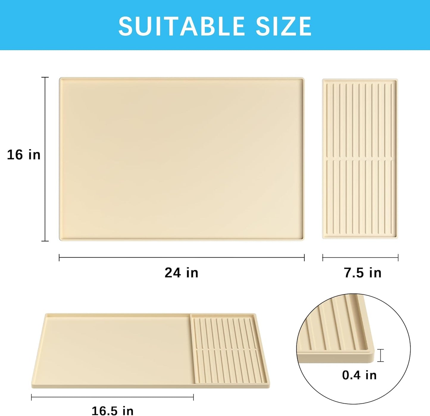 Golener Silicone Coffee Mat Set - 24" x 16" Coffee Bar Mat for Countertop, Kitchen Station Pad Accessories Fit Under Cafe Maker Espresso Machine, Dish Drying Mat, Heat Resistant Kitchen Pad, Beige