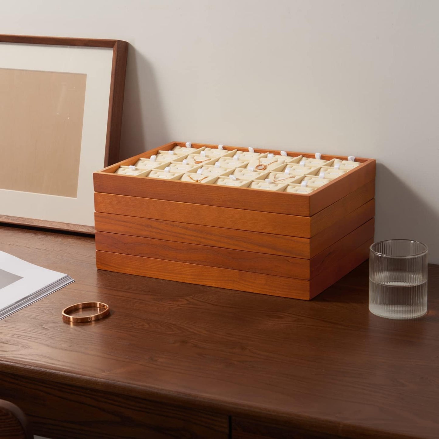 Oirlv Wood 24 Grids Jewelry Tray with Removable Inserts Jewelry Pads Necklace/Pendant Display Organizer Tray(Creamy-white)