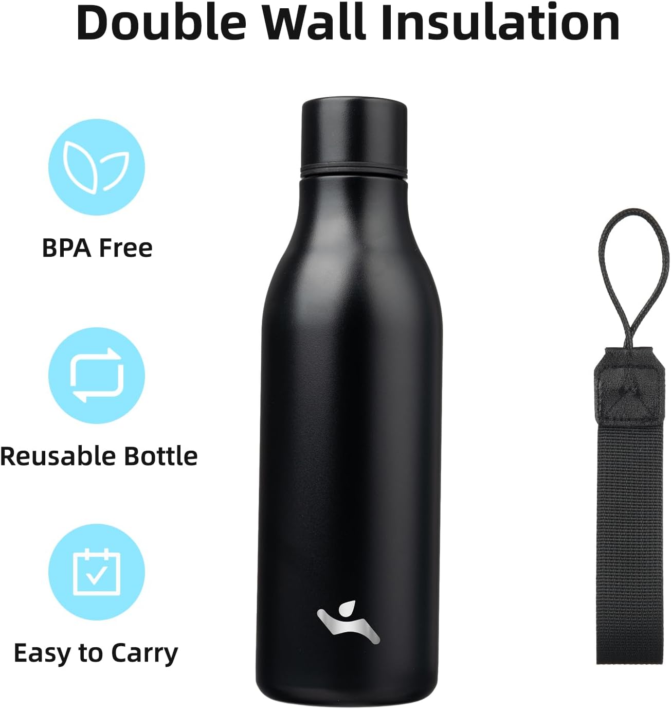 Insulated Water Bottle with Strap,18 oz Double Wall Stainless Steel Vacuum Bottles Metal Water Flask,Black