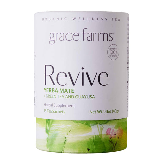 Grace Farms REVIVE Wellness Organic Tea Blend (16 Pyramid Sachets) | Yerba Mate, Green Tea, & Adaptogens | Natural Energy Coffee Replacement | Fairtrade & Kosher | Gives Back 100% of Profits