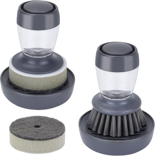 Dish Brush with Soap Dispenser, Kitchen Scrub Brush for Dishes Pots Pans Sink Cleaning, Dish Scrubber with Holder Set (Grey 2-Pack Combo Set)