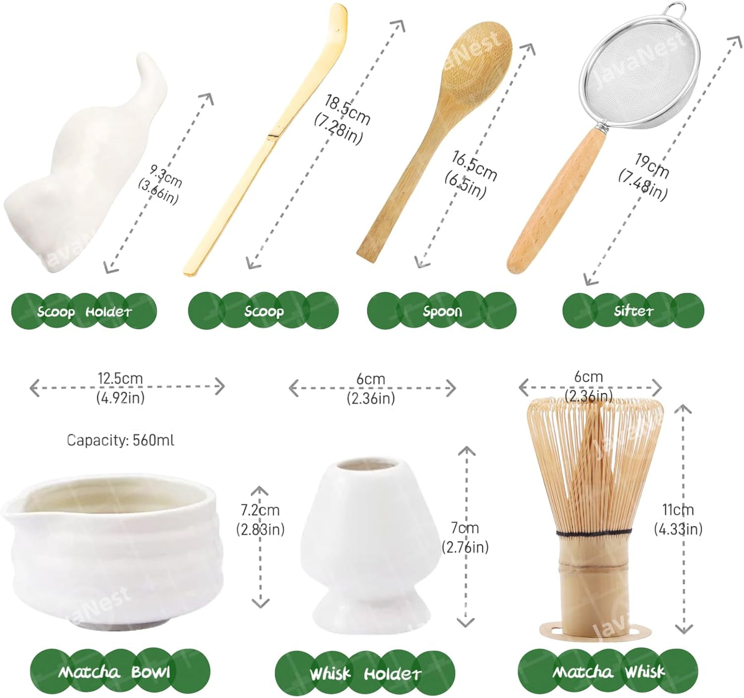 7-Piece Matcha Tea Set with Gift Card – 120-Prong Bamboo Whisk, Ceramic Bowl with Spout, Whisk Holder, Scoop, Spoon, Strainer & Scoop Holder – Ideal Gift for Matcha Lovers (White, 100-Prong)