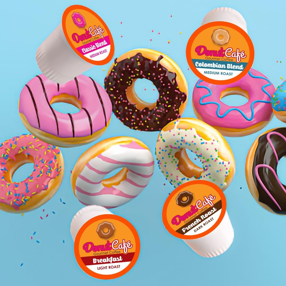 Donut Café Single Serve Coffee Pods for Keurig K Cup Brewers, Light Medium and Dark French Roast, Breakfast Classic Blend, Colombian, Variety Pack, 80 Count