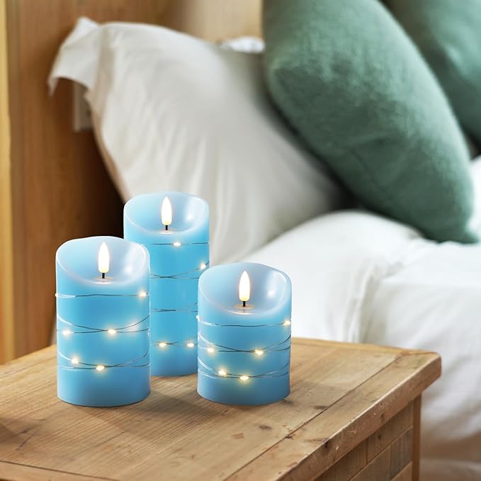 Homemory Flameless Candles with String Lights, 3 Pack Embedded Fairy String Lights LED Candles, Electric Flickering Candles with Remote Control and Timer, Real Wax, Blue