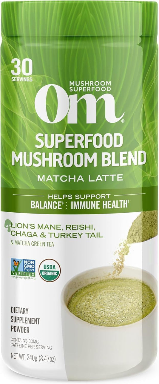 Om Mushroom Superfood Matcha Latte Blend Mushroom Powder, 8.47 Ounce Canister, 30 Servings, Green Tea, Lion's Mane, Reishi, Chaga, Turkey Tail, Focus & Stress Support Supplement