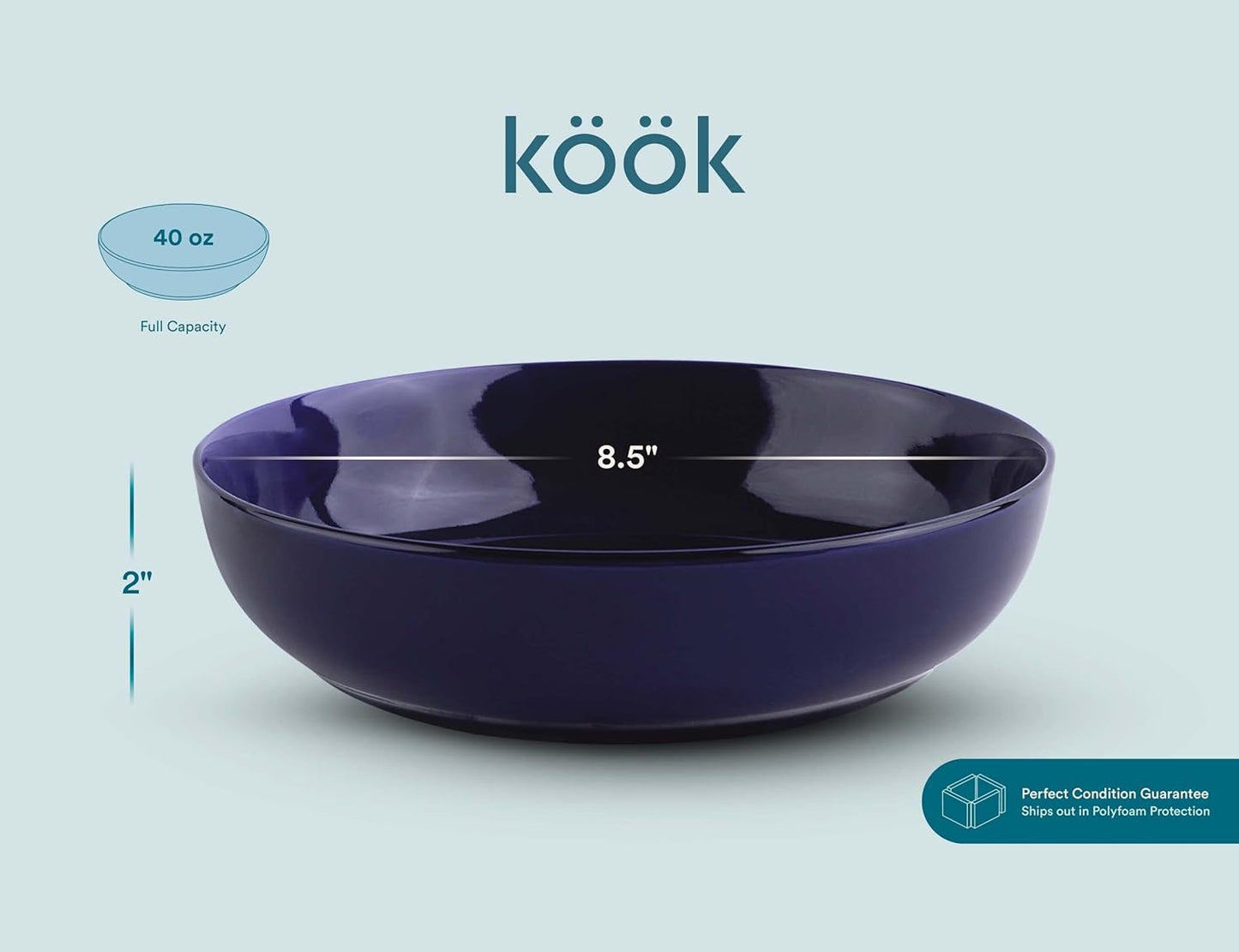 KooK Pasta Bowl, Salad Bowls, Soup, Serving Bowls, Ceramic, Large Capacity, Microwave & Dishwasher Safe, Set of 4, 40 Oz, (Cobalt)