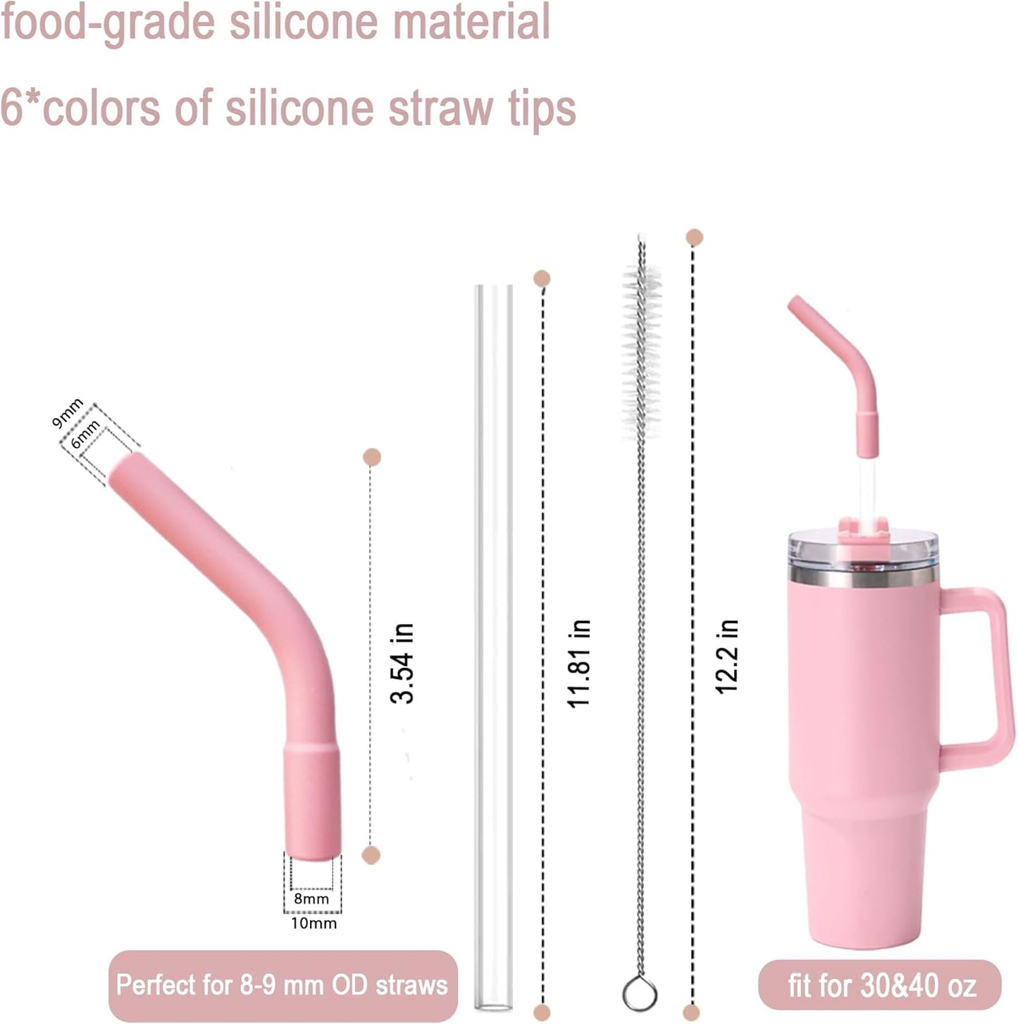 6 Pcs Reusable Color Silicone Straw Tips with 6 Pcs Clear Plastic Straws Compatible with Stanley 40/30 oz Cup Tumbler 8mm Drinking Long Straws with Flex Elbow Silicone Covers, 1 Cleaning Brush
