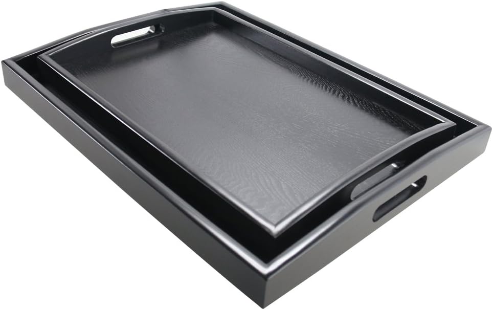 DILLMAN Serving Tray Large Black Wood Rectangle Food Tray Butler Tray Breakfast Tray with Handles (Large+Small)